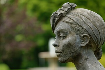 Weathered stone sculpture of a female figure
