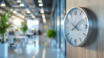 Circular office wall clock with clear hour, minute, and second markers, set against a blurred office interior