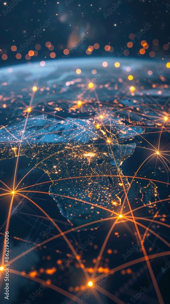 Poster a global map with pulsating beams of light representing major data arteries, converging on cloud hub