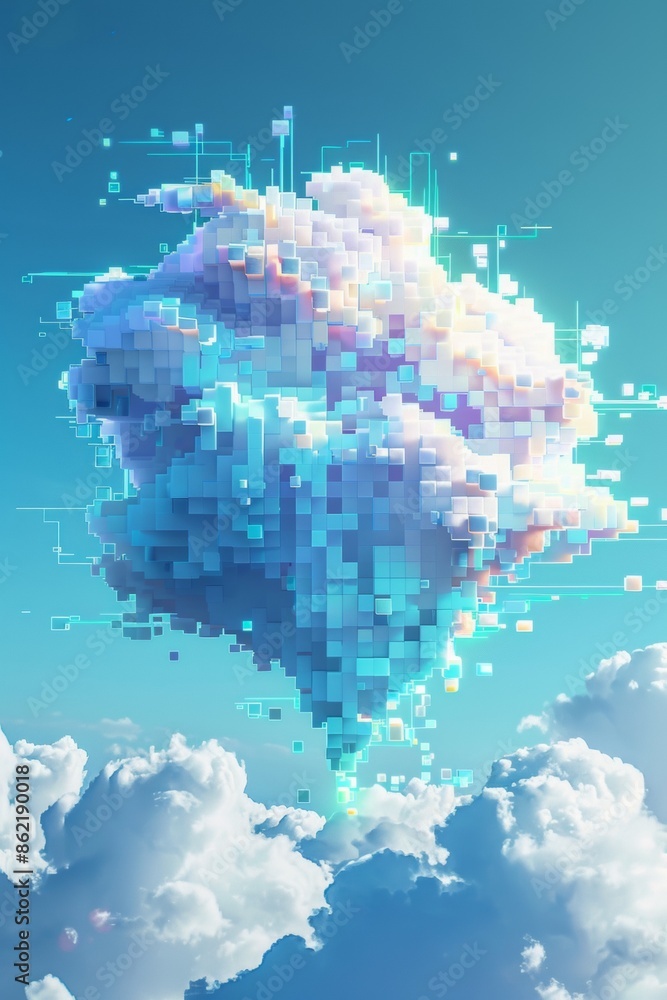 Poster a geometric cloud built from triangular wireframe elements, emphasizing its structured and modular n