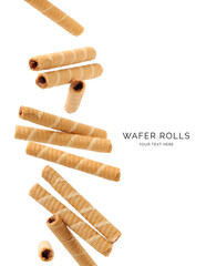 Creative layout made of wafer roll on the white background. Food concept. Macro concept.