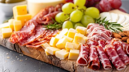 Delicious charcuterie board with various meats, cheeses, and fruits