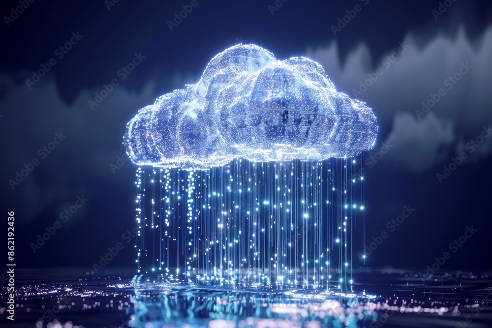 Aufkleber a pixelated cloud dissolving into a rain of data, representing the ephemeral nature of cloud storage