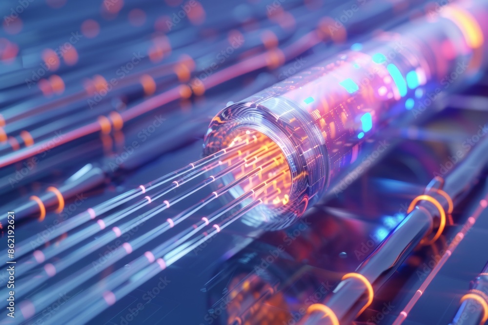 Poster a single fiber-optic cable in wireframe, its cross-section showing the layering of protective elemen