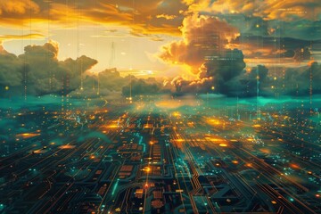 Obraz premium A vast, abstract circuit board landscape, pulses of energy flowing along pathways, with imposing firewall structures in the distance, vaporwave