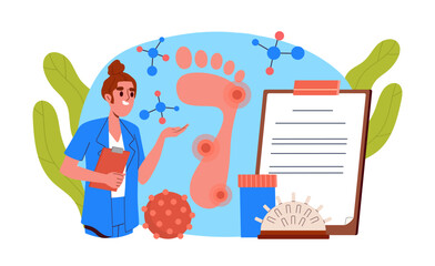 Treatment of flat feet concept. Woman with pain dots at foot. Health care, diagnosis and medicine. Doctor orthopedist with pills. Cartoon flat vector illustration isolated on white background