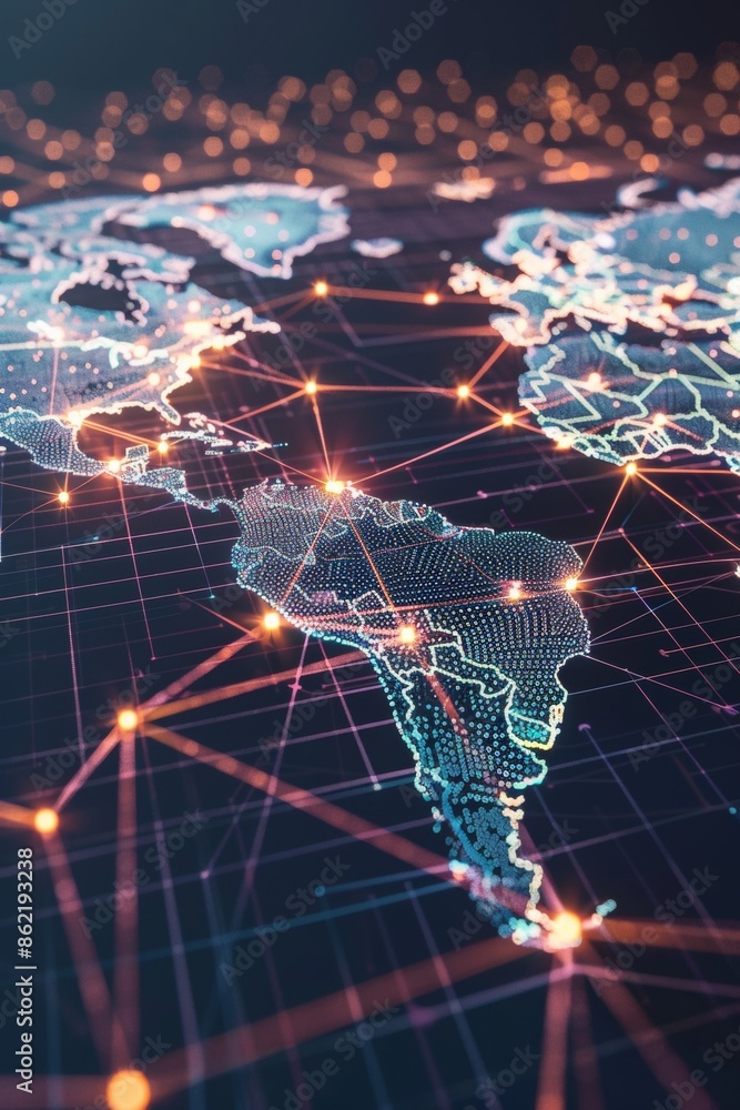 Poster a global map with pulsating beams of light representing major data arteries, converging on cloud hub
