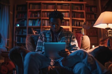 Fototapeta premium A young man is sitting in an armchair in a dark room at home, working on his laptop
