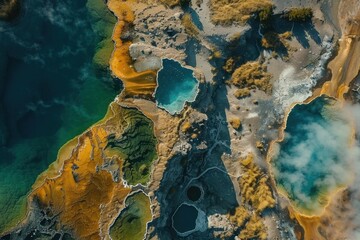 Naklejka premium Aerial view of a geothermal landscape, colorful hot springs, steaming geysers, and rugged rock formations