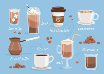 Types of coffee set. Menu of coffee shop. Different hot drinks. Iced latte, espresso and americano. Cappuchino and hot chocolate. Cartoon flat vector collection isolated on blue background