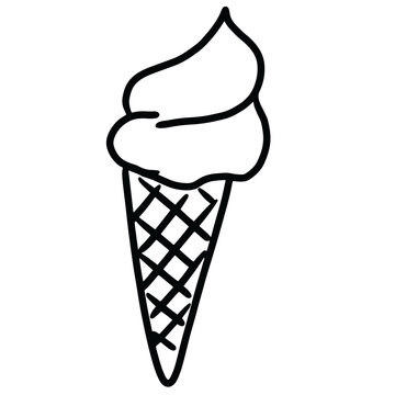 recommend clip art: Hand drawn ice cream cone outline for sweet dessert, cafe, restaurant, menu, recipe, snack, lunch, cute patches, shirt print, logo, icon, plush toy, doll, sticker, colouring book, food, tattoo, art