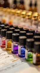 Obraz premium Close-up of an essential oil blending chart, with colorful vials and handwritten notes