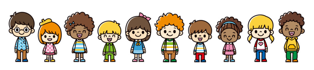 笑顔で並んでいる様々な人種の世界の子供たちの全身のイラスト