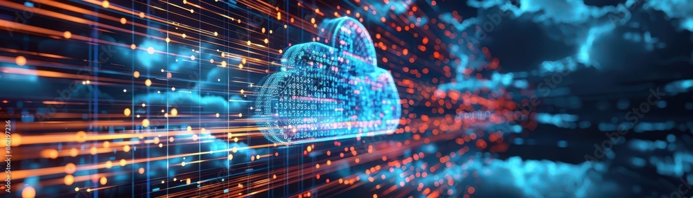Poster futuristic digital cloud technology concept showing data transfer and storage. abstract visualizatio