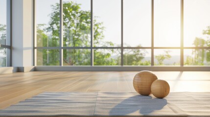 Peaceful yoga studio with large windows, fitness balls, and natural sunlight. Ideal for meditation, exercise, and relaxation in a serene setting.