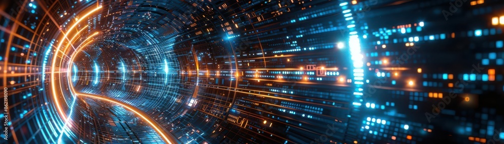 Aufkleber futuristic digital tunnel with glowing circles and data streams, symbolizing high-speed internet and