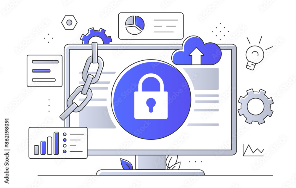 Poster web security concept. computer monitor with shield and padlock. protection of personal data and info