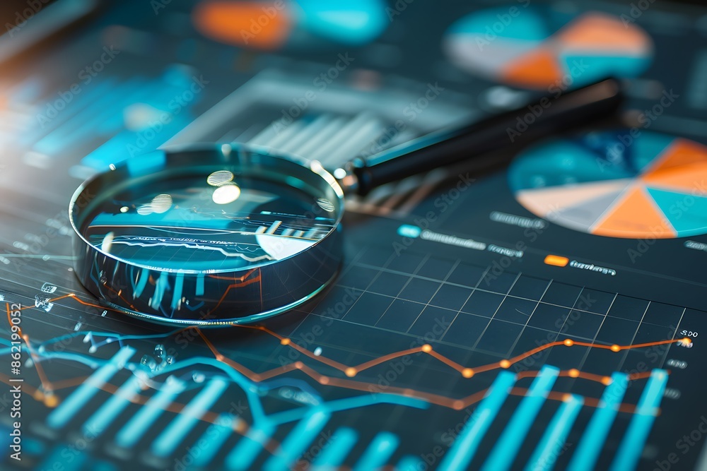 Poster magnifying glass over charts and graphs
