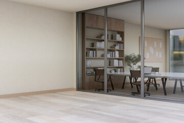 The interior design of a modern office corridor in front of the meeting room.