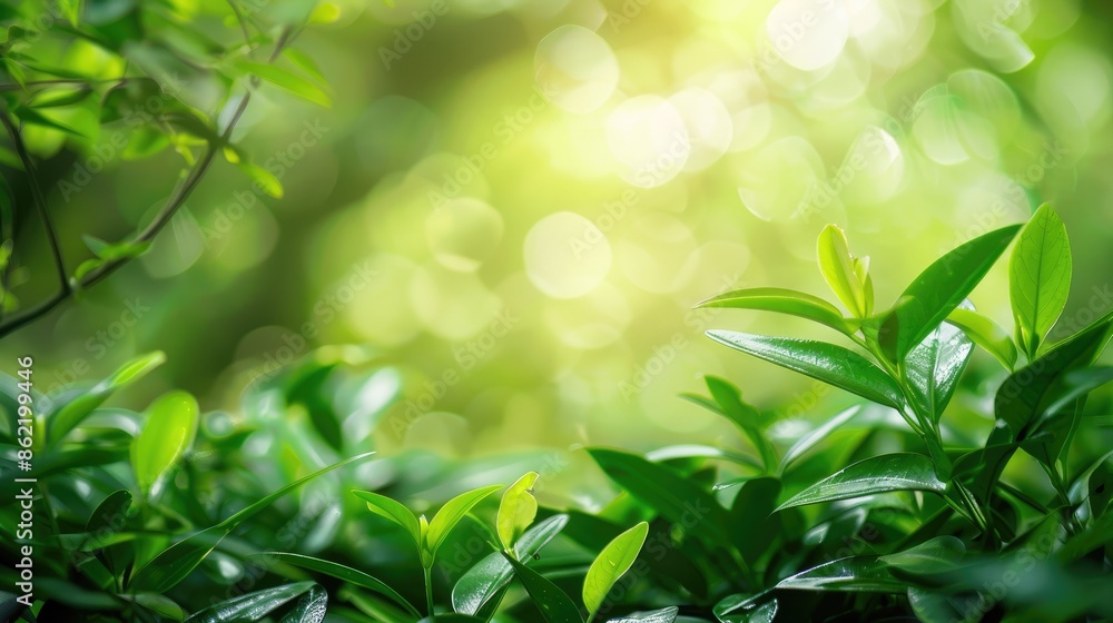 Poster lush green foliage with soft focus in garden setting space for text natural sunlight and bokeh effec