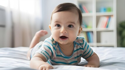 Fototapeta premium Mother and Baby Moments: Capturing Pure Joy, Captivating Infant Smile in a Warm Home Setting, Happy Baby Moments in Natural Lighting: Perfect for Family.