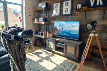 Modern living room setup with VR headset, advanced virtual reality technology for home entertainment