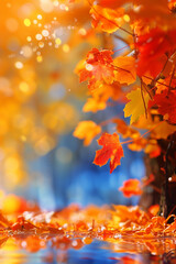 Fototapeta premium The backdrop is adorned with a burst of autumnal colors, as abstract shapes and patterns emerge from the falling leaves.