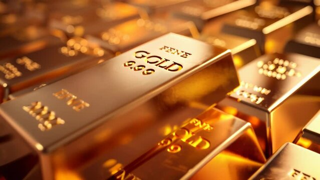 Stack of shiny gold bars on wooden surface. Close-up view highlighting rich, warm tones and metallic luster. Stamped markings visible, indicating purity and weight.