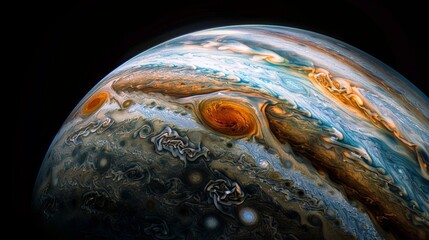 Detailed surface of Jupiter, showcasing its swirling clouds and Great Red Spot, with vibrant colors