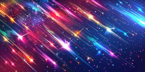 Fototapeta premium Celestial Glow: Abstract Vector Illustration of Glowing Shooting Stars and Colorful Comets on Black Background