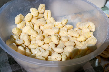Italian food, fresh homemade pasta gnocchi with potatoes ready to cook on Portobello road food market, London