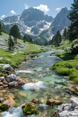 Obraz premium mountain river in valley with green grass and trees under blue sky