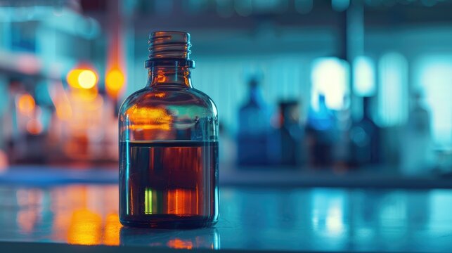 Selective focus on propylene glycol liquid in dark glass bottle in chemistry lab with space for text
