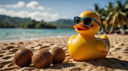 Obraz premium Rubber duck facing the camera wearing sunglasses sitting on the sand with coconut tres and hills behind him