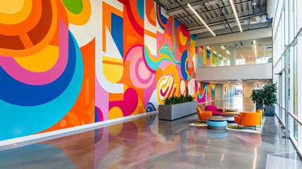 Large, colorful mural in a creative office lobby, vibrant design with abstract shapes and patterns, creating an inspiring atmosphere