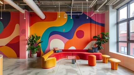 Large, colorful mural in a creative office lobby, vibrant design with abstract shapes and patterns, creating an inspiring atmosphere