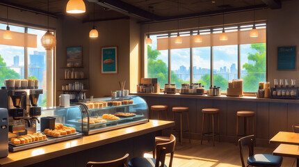 Modern Coffee Shop: Cozy seating, a counter with pastries and coffee machines, warm lighting, and soft background music. Ideal for character interactions, casual conversations, or romantic moments