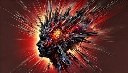 Striking Abstract Digital Art of Exploding Human Head Formed by Shards in Fiery Colors Representing Intense Emotion and Creativity