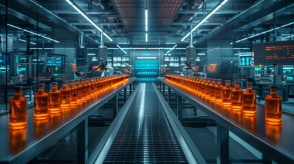 Bottles Moving on a Conveyor Belt in a Futuristic Factory