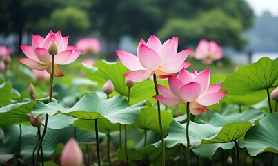 Pink Lotus Flowers in a Pond