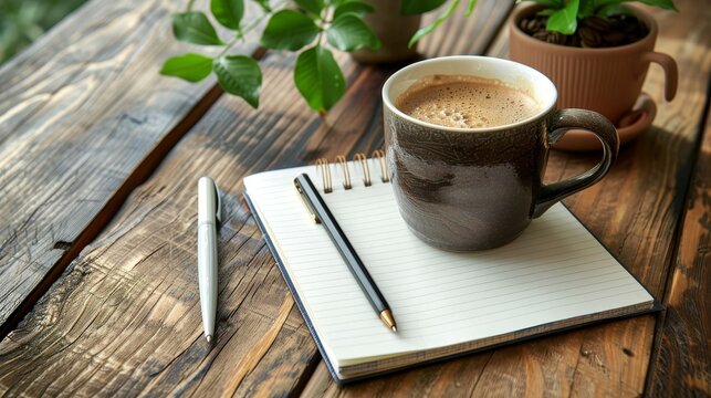 Morning routine scene with a coffee cup, notebook, and planner, emphasizing goal-setting and optimizing productivity for well-being