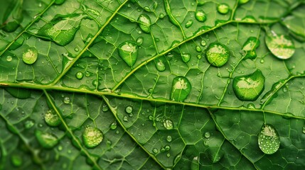 Fototapeta premium Close-up of Vibrant Green Leaf Texture with Raindrops - Nature Detail