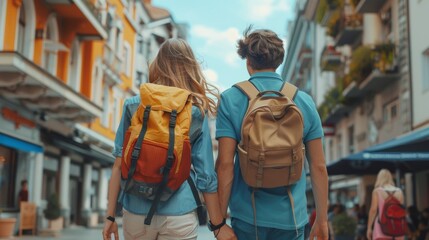 Summer Adventure: Rear View Portrait of Young Caucasian Tourist Couple with Backpacks Exploring the City