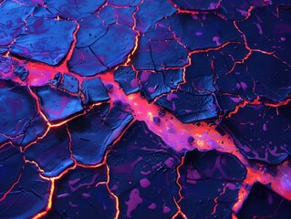 Vibrant Neon Lava Cracks in Dark Surface Texture for Abstract Backgrounds