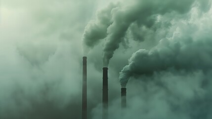Industrial Pollution and Smoke Emissions from Factory Stacks Against Hazy Sky