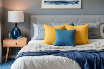 Interior of yellow and blue pillow on cozy modern bedroom with carpet and side table lamp.