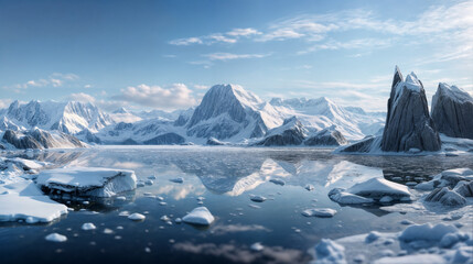 Antarctica snow capped mountains mirrored in tranquility waters. Generative AI
