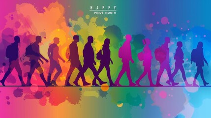 Silhouettes of People Walking on Colorful Background - Happy Pride Month Celebration