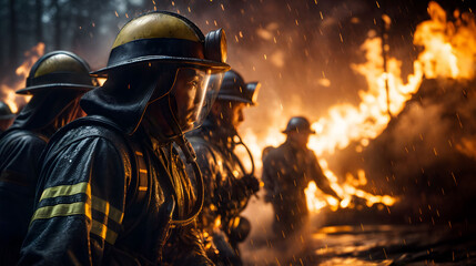 Firefighters clad in protective gear stride towards a raging fire, Generative AI