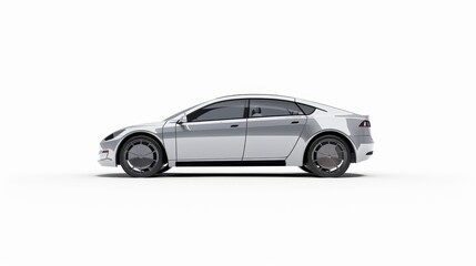 Fototapeta premium Side View of a Sleek Silver Electric Car on a White Background